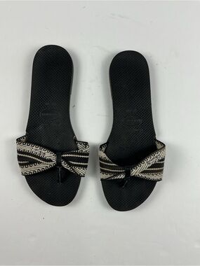 Havaianas Black Slide Sandals with Black & Cream Striped Bow